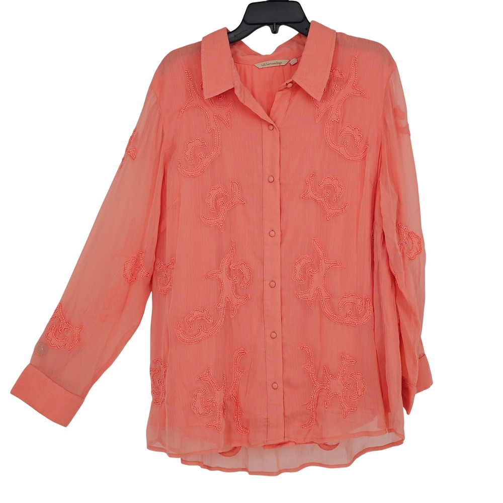 Soft Surroundings Button Up Blouse 1X Coral Pink Beaded Boho Coastal Flowy Sheer